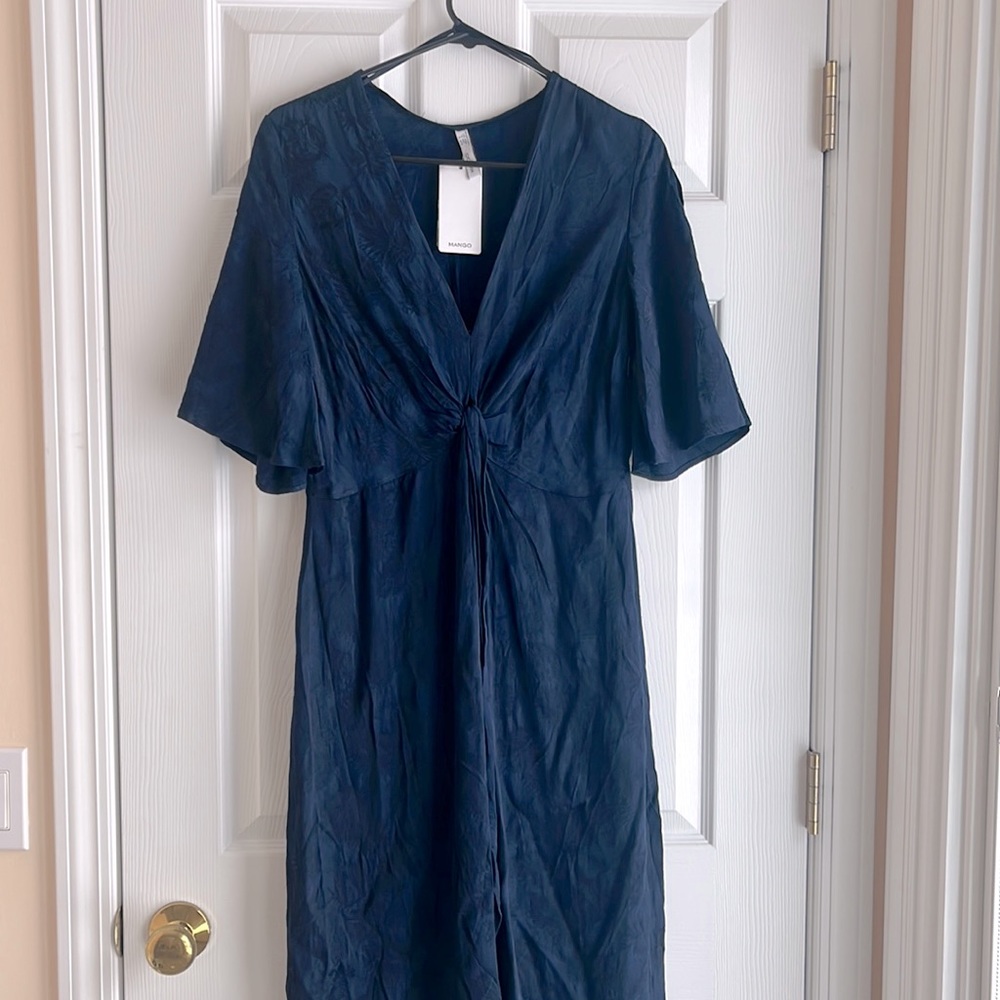 NWT Mango Suit Navy Blue Leaf Knotted Wrap Midi Dress